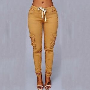mustard yellow cargo skinny pants